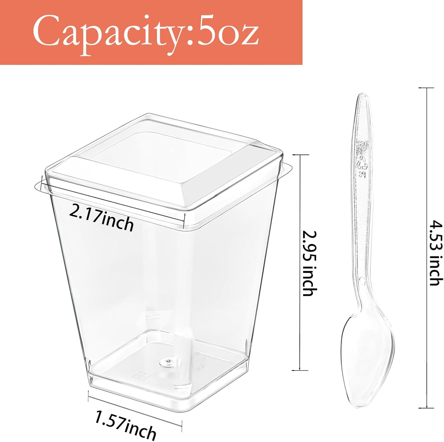 25Pack 5oz Plastic Dessert Cups with Lids and Spoons, Reusable Clear Parfait Appetizer Cups, Square Party Shooter Serving Cup, Mini Dessert Shot Glasses for Tasting - Image 3