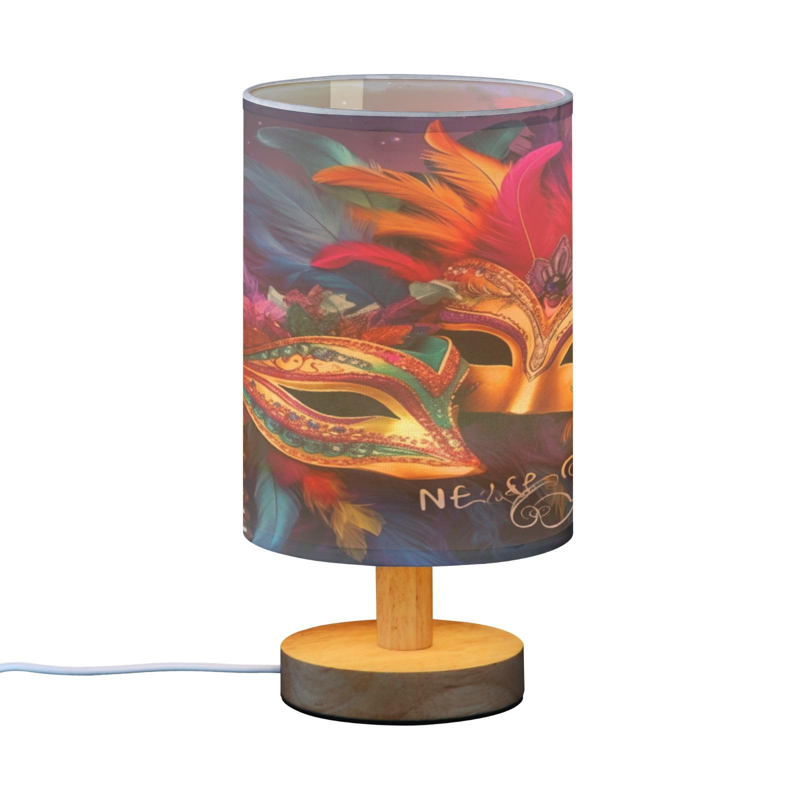 SDMKA Mardi Gras Colorful Bedside Table Lamp for Bedroom, Minimalist Nightstand Lamp with Round Fabric Shade for Living Room, Office, No Bulb Required