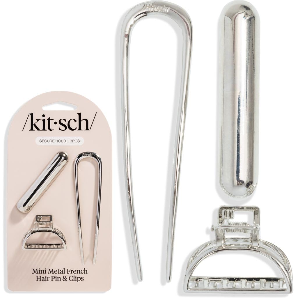Kitsch Mini Metal French Hair Pin & Hair Clips for Women - Strong Hold Silver Hair Accessories for Half Updos, Buns, French Twist | Durable and Elegant Hair Barrette for Everyday Styling - Set of 3