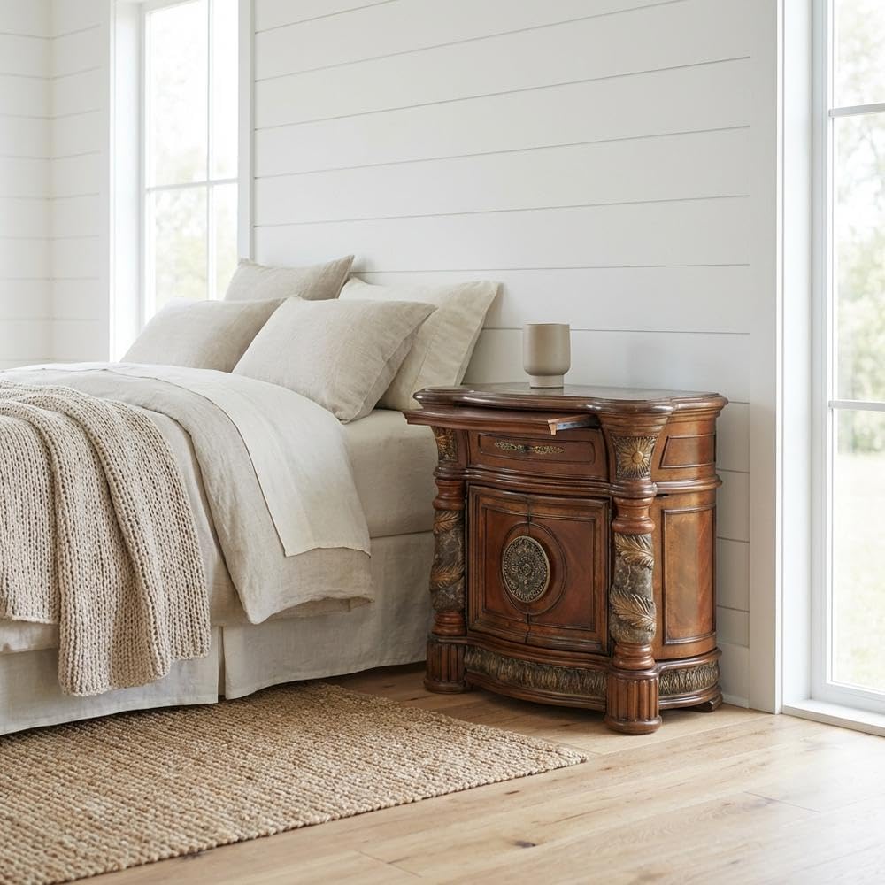 Michael Amini Villa Valencia Brown Bedside Chest Solid Wood Birch with Marble Top Classic Design Single Piece Sturdy Bedroom Drawer Chest for Stylish Storage and Organization