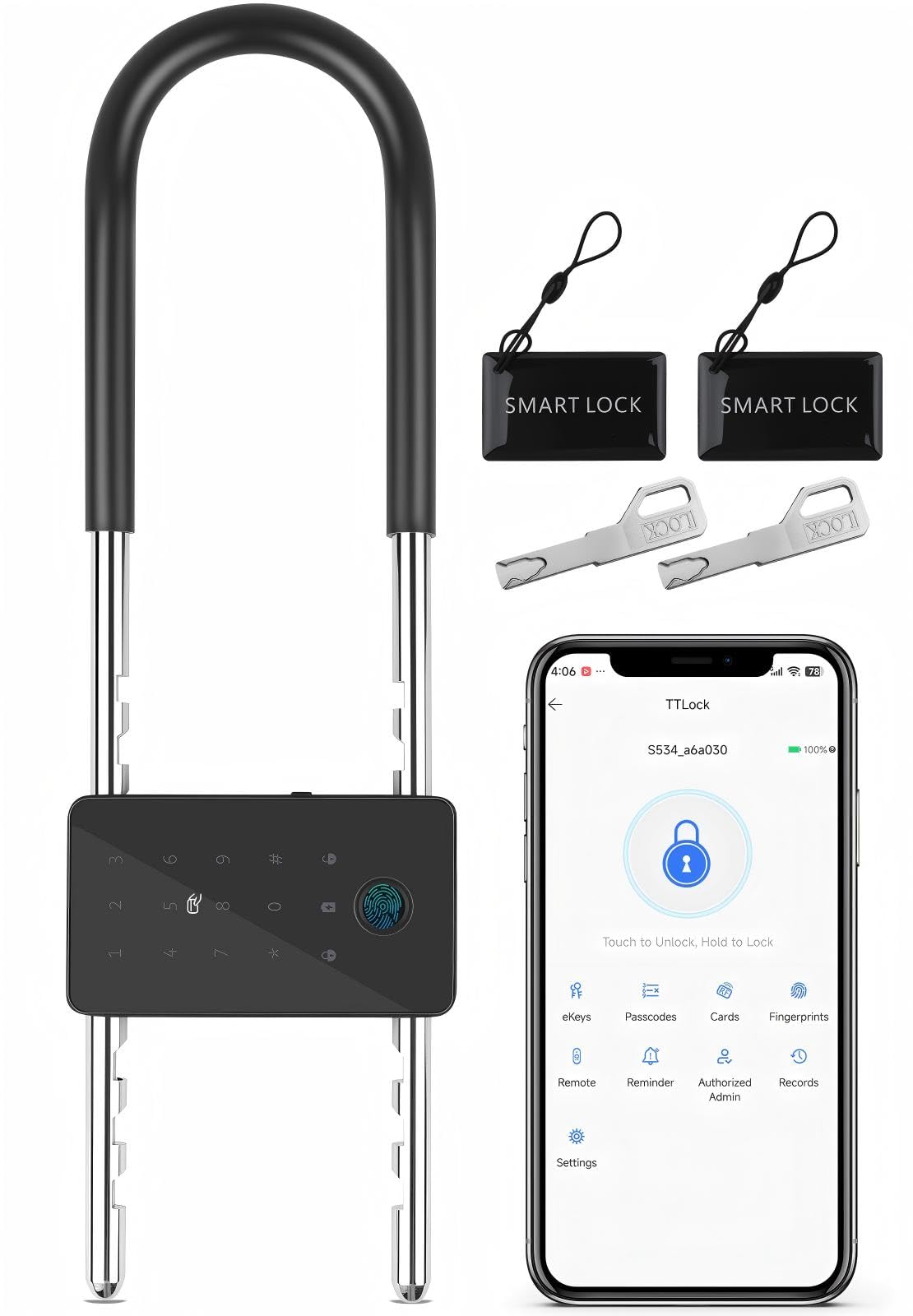 Long Shackle Padlock U Lock Bike Gate Combo U-Lock Adjustable Shackle, Lock with Fingerprint, Keypad Code, App Control, Auto Lock- Suitable for