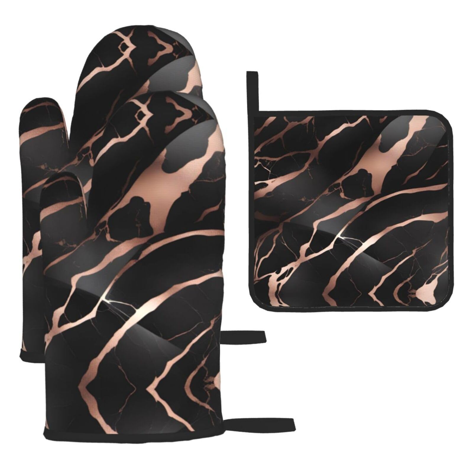 Black Rose Gold Marble Oven Mitts and Potholders BBQ Gloves and Holders for Cooking Baking (3-Piece Set)