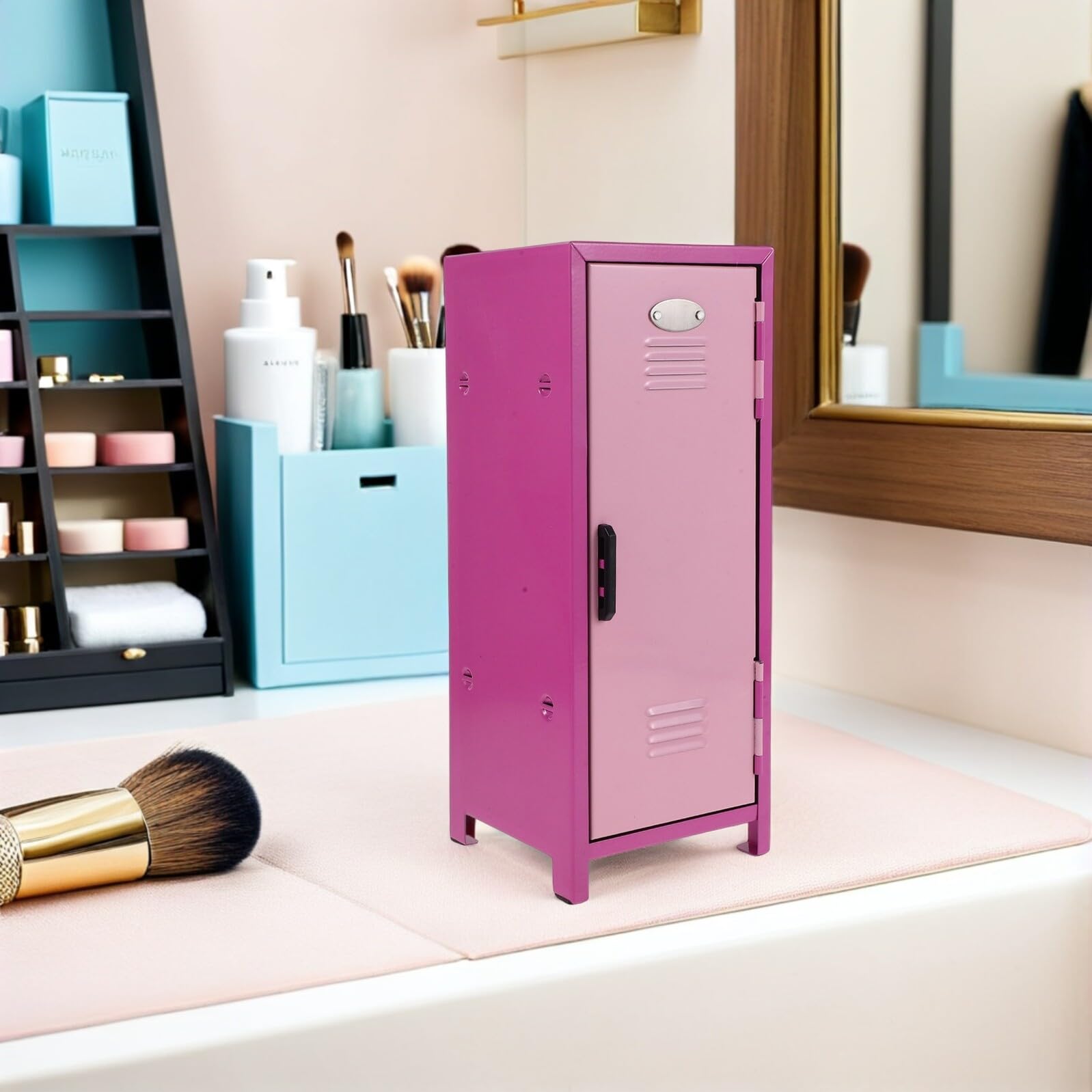 Kleiner Kosmetik Aufbewahrungsbox aus Eisen mit Deckel Multifunktionaler Make Up Organizer für Schreibtisch Rosa mit Mehreren Fächern für Hautpflege und Beauty Zubehör