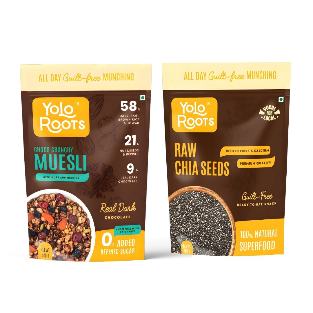 Yolo Roots Choco Crunchy Muesli 400g & Raw Chia Seeds 200g Combo, No Added Sugar, High Fiber Breakfast Cereal & Superfood Seeds, Omega-3 Rich, Healthy Snack with Oats, Nuts & Seeds, Energy Food (Pack of 2)