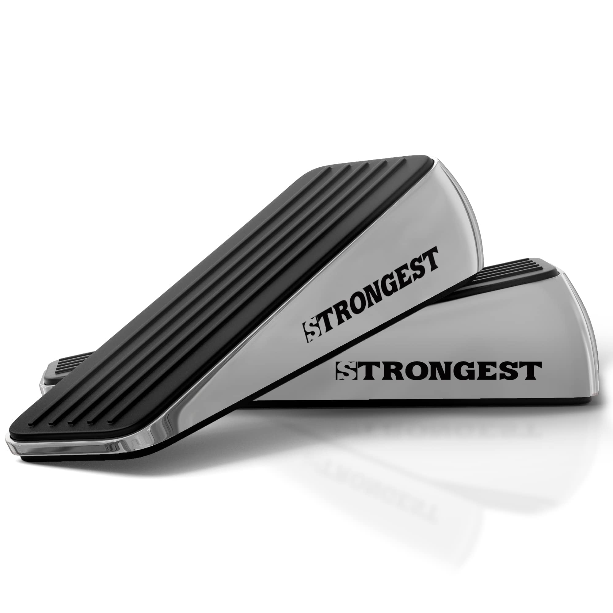 STRONGEST HOME Door Stoppers for Bottom of Door – Heavy Duty Metal Rubber Stopper, Non-Slip Door Stop for Heavy Doors, Works on Wood, Tile &amp; Carpet Floors, Wedge Chrome 2 PCs + 2 White Wall Protectors