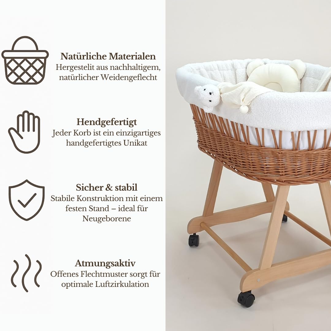 Łóżeczko dziecięce Amelia – naturalny ręcznie tkany Mojżesz ze stojakiem i materacem – 5-częściowy zestaw pościeli Teddy Ecru – przenośny Mojżesz na kółkach – idealny dla noworodków