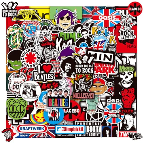 Autocollants Rock Band Punk, 100 Autocollants de Rock Roll, Classic Rock Autocollant, Musique Sticker Bomb Pack, Cool Metal Punk Stickers, pour Voiture, Moto,...