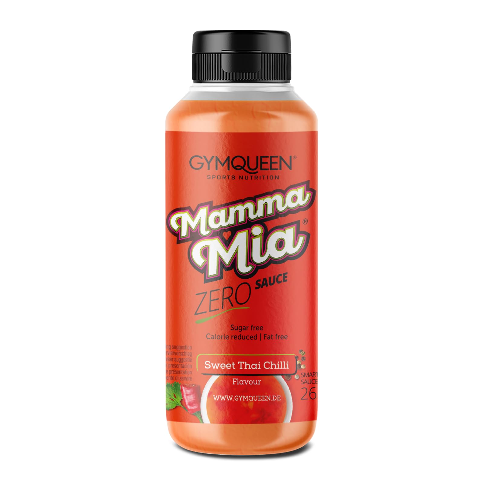GymQueen Mamma Mia Zero Sauce, reducida en calorías, sin grasas ni azúcares añadidos, para refinar platos o como aderezo de ensaladas, vegetariana, Chili Dulce Tailandés