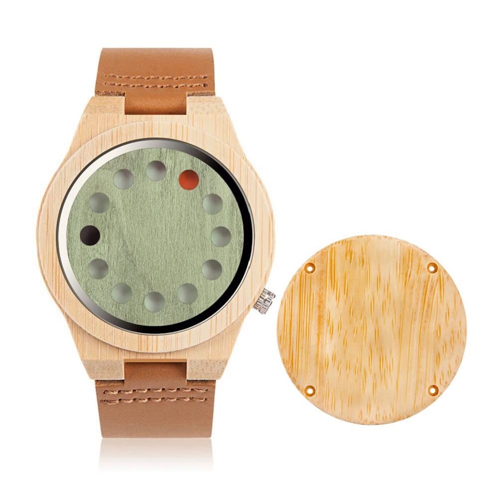 BOBO BIRD Men's Bamboo Wooden Watch with Black Cowhide Leather Strap 12 Holes Timer Design Sports Casual Watches