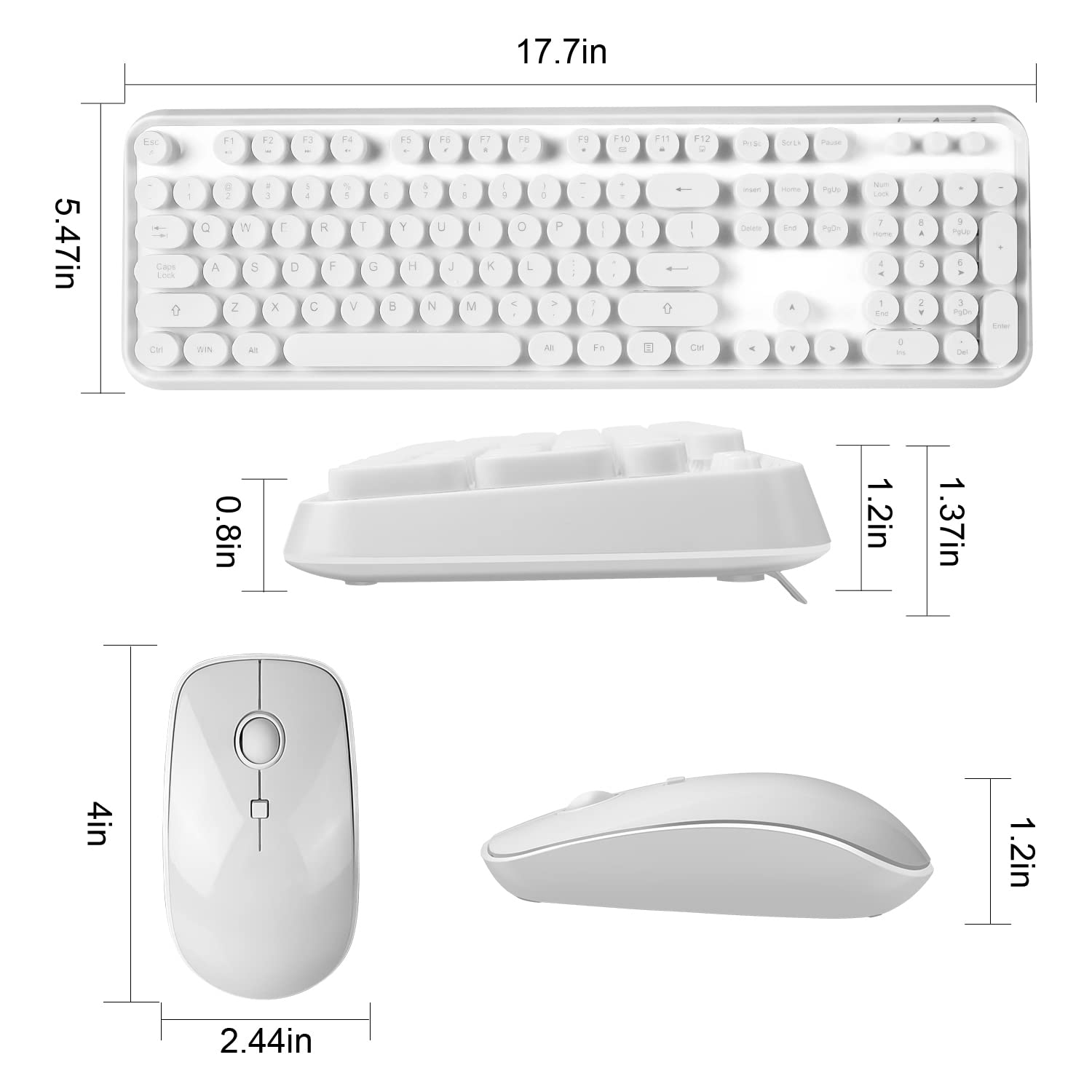 Bezprzewodowa klawiatura i mysz, urocze okrągłe klawisze, pełnowymiarowa klawiatura retro do pisania z wtyczką Plug & Play 2,4 GHz, do Windows 11/10/7, laptopa, komputera, notebooka, Smart TV (biała)