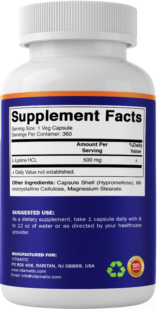 Vitamatic L-Lysine 500 mg, 360 Vegetarian Capsules – Essential Amino Acid Supplement, Non-GMO, Gluten Free, Made in USA — Amazon image 8