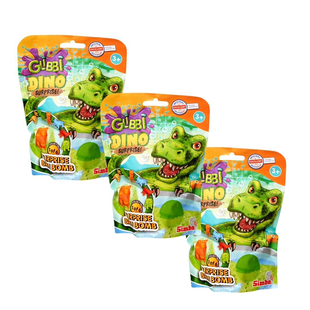 Simba Baff Bombz Dino Surprise – 3er Pack Glibbi Badebombe mit Überraschung, zufällige Auswahl aus 3 Farben & 1 von 6 Dinosaurier-Figuren, 100 g, für Kinder ab 3 Jahren