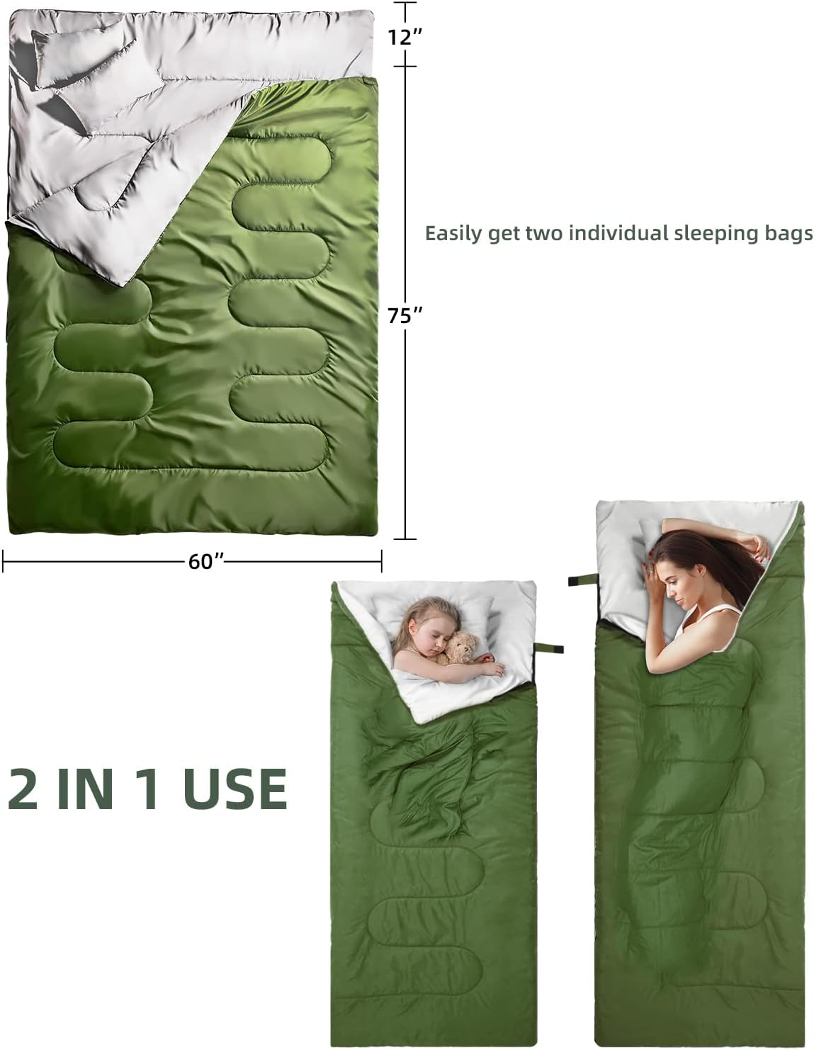 Double Sleeping Bag, Ohuhu Sleeping Bags for Adults with 2 Pillows 2 Person Sleeping Bag for