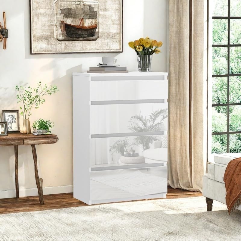 YITAHOME Commode à 4 tiroirs, Meuble de Rangement Contemporain Brillant pour Chambre à Coucher, 92 x 33 x 60 cm, tiroirs coulissants, Construction en Bois,...