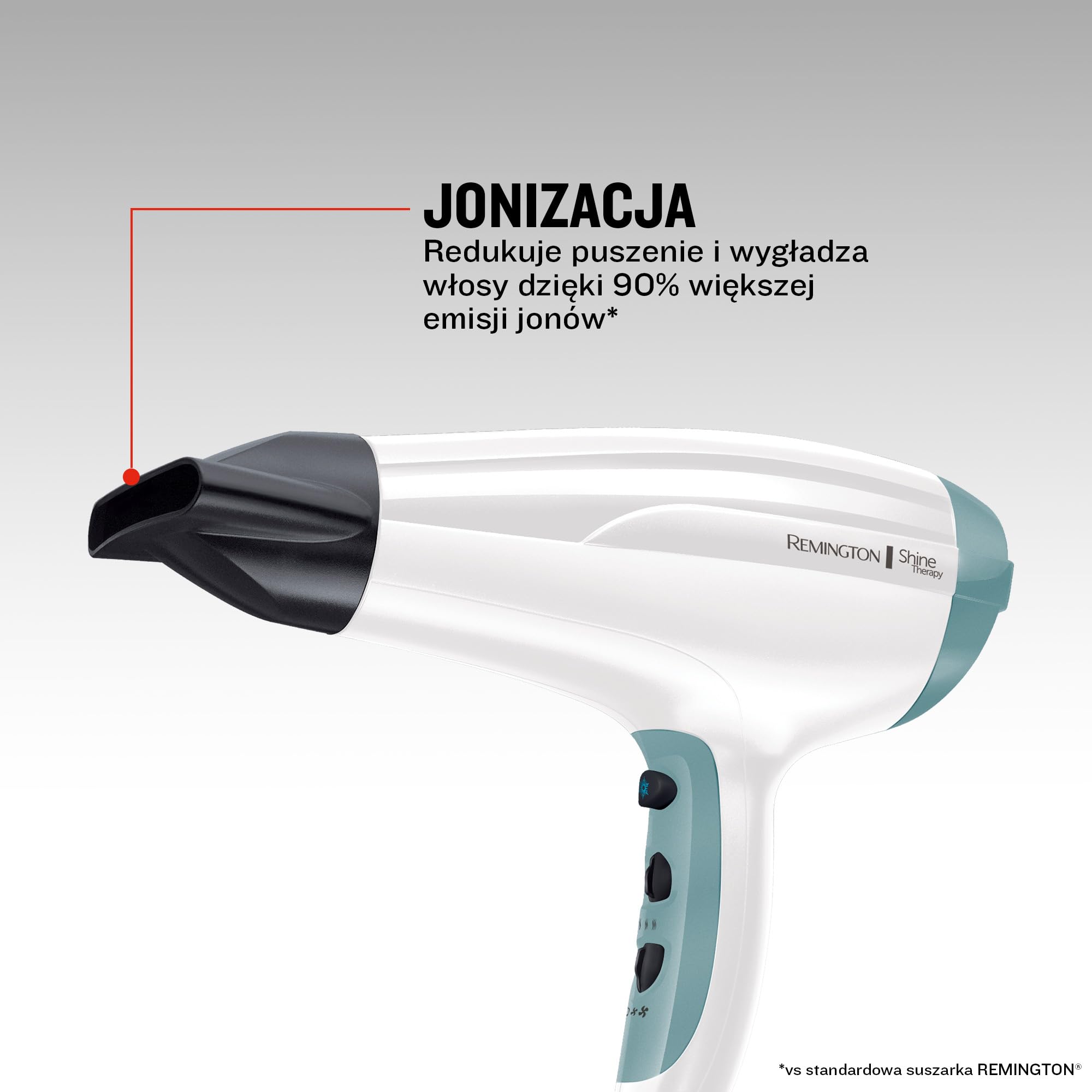 Remington suszarka do włosów z jonizacją, 3 ust. nagrzewania i 2 ust. nawiewu, koncentrator i dyfuzor, zimny nawiew, uchwyt do zawieszenia, łatwa do czyszczenia, moc 2300W, biała, Shine Therapy D5216
