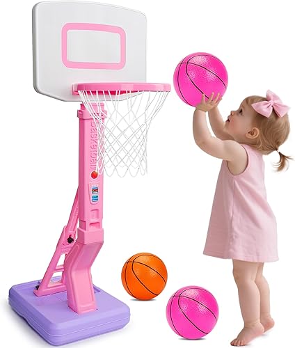Mini aro de baloncesto para niñas pequeñas, color rosa, ajustable, con bomba de bola para exteriores, juguetes junto a la piscina para patio