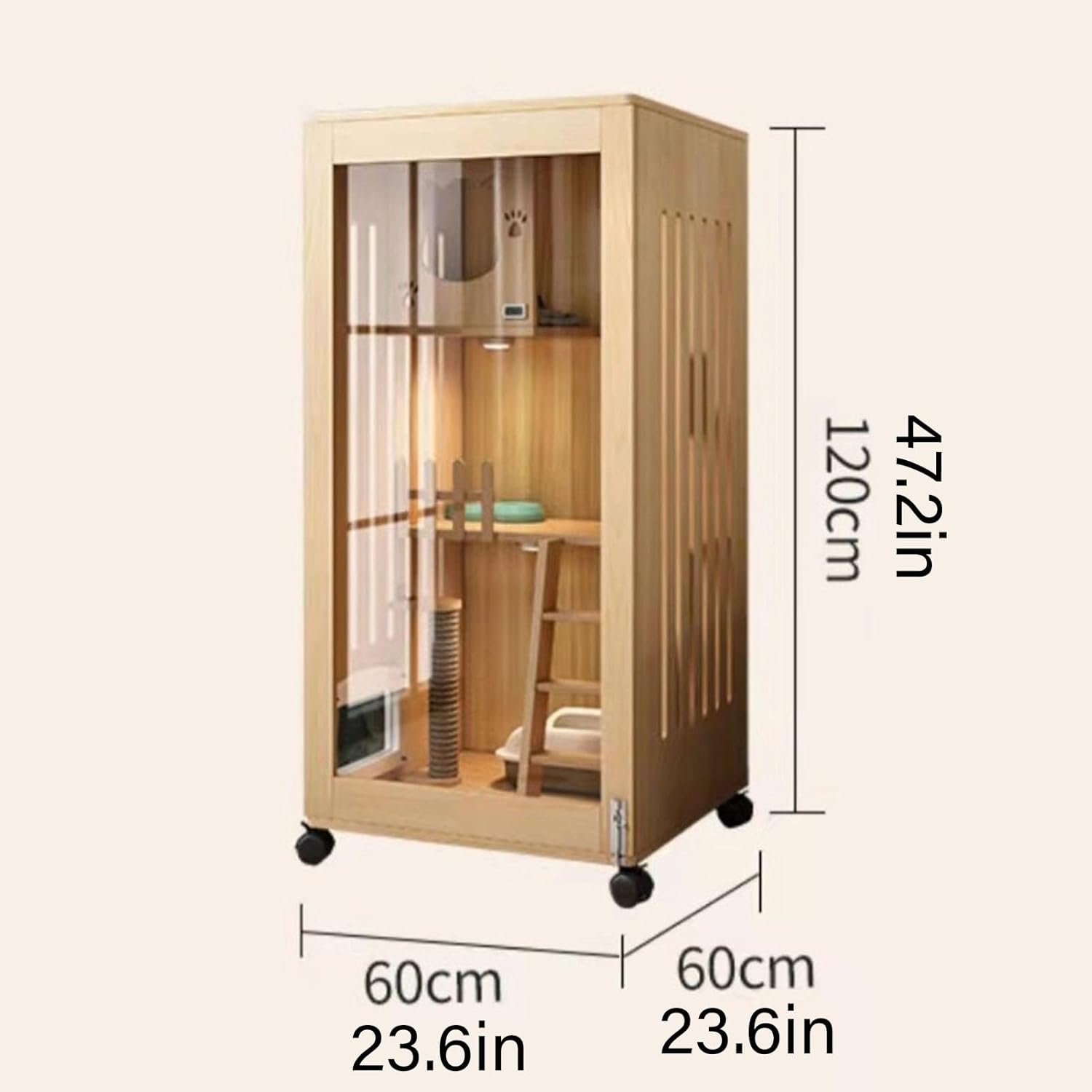 Cat Cage, Wood Cat Enclosures, Cats Houses, Multi-Feature Large Cats Bed Cave with Side Door, Wheels and LED Light, Catss Playpen for Indoor/Outdoor