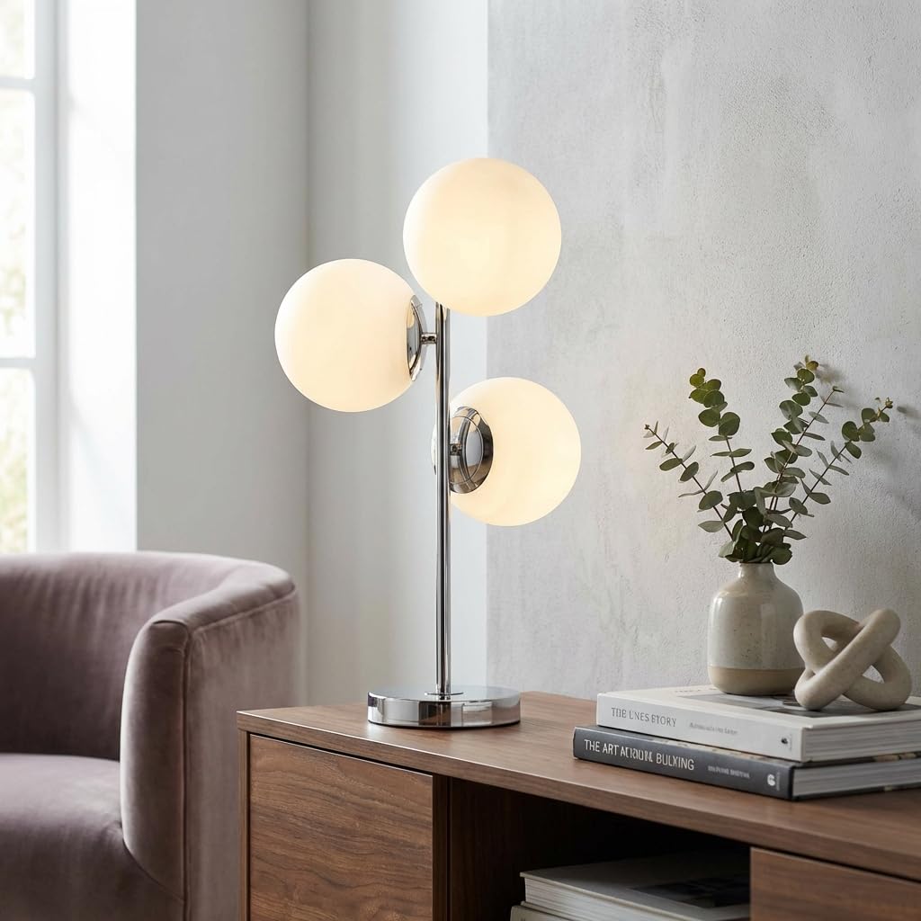 B·LED BARCELONA LED Lámpara de mesa ROM con triple esfera de cristal opalino Ø15cm, diseño moderno en plata, compatible con bombillas E27, ideal para salón, dormitorio, escritorio, oficina