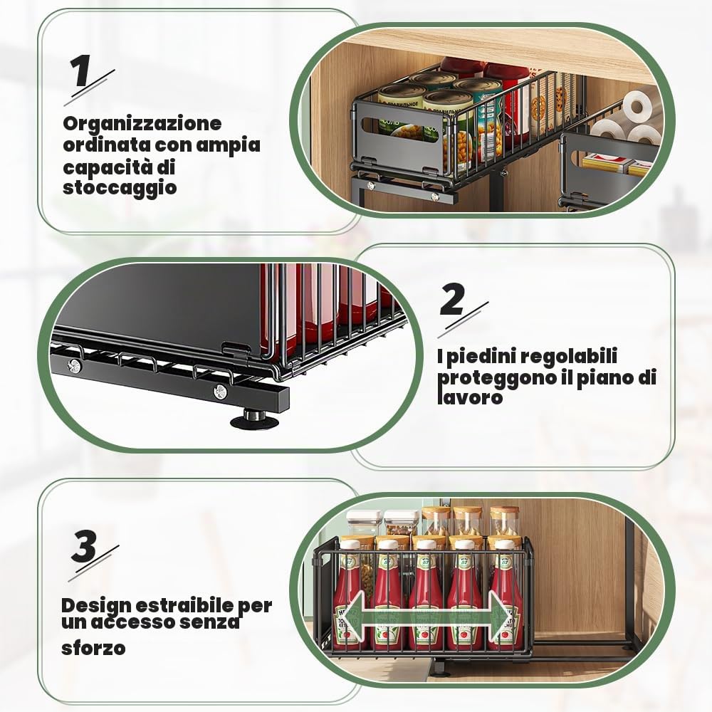 Organizer Sottolavello Cucina Salvaspazio, Ripiano Scorrevole Estraibile, Scaffale Cucina con Cestello Estraibile, Portaspezie Salvaspazio in Metallo, Organizzatore Lavandino Multiuso - Nero