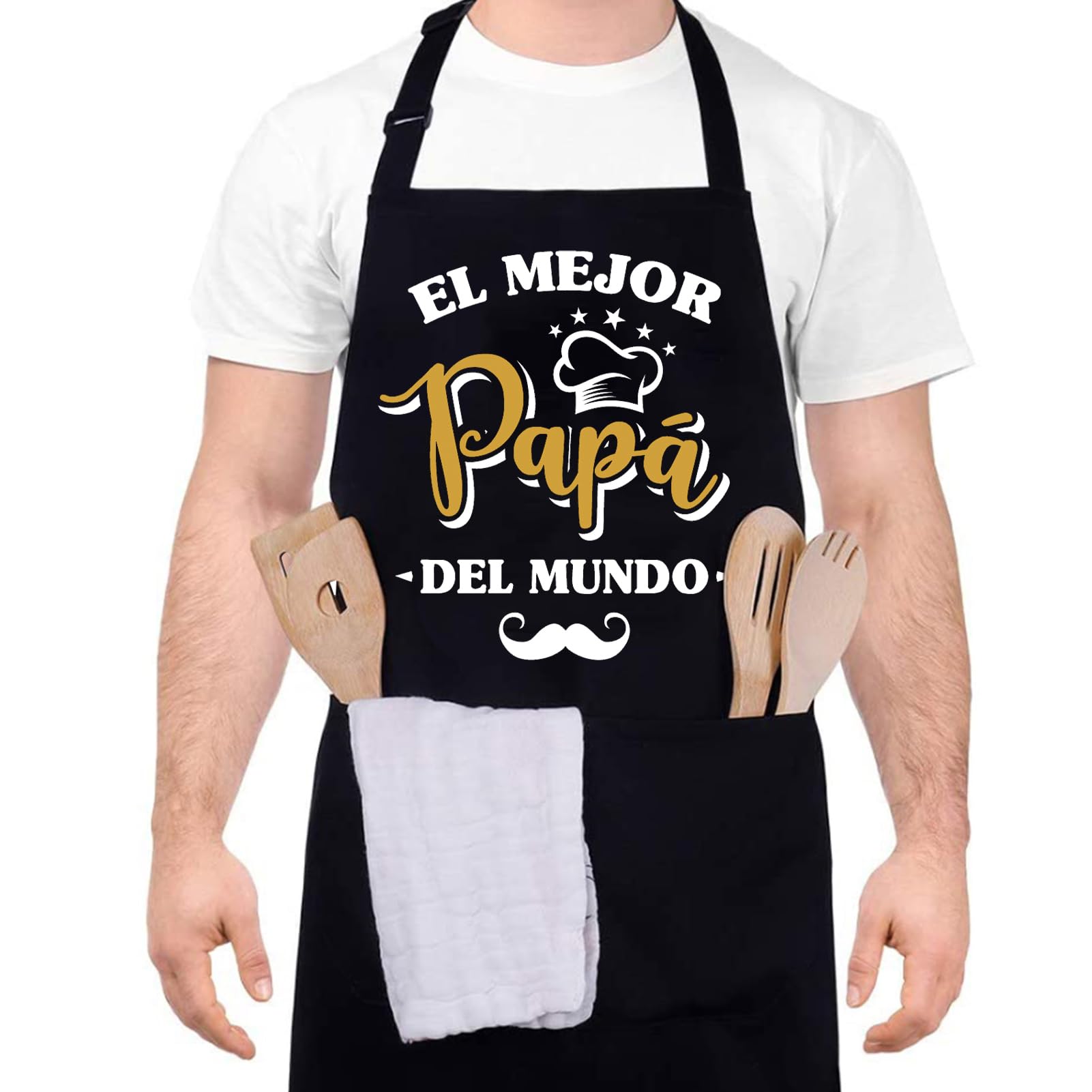 FRIUSATE Delantales Cocina Hombre Ajustable Delantales de Cocina con Bolsillo Impermeables Aprons Original Delantal Regalo para Papá, Negro