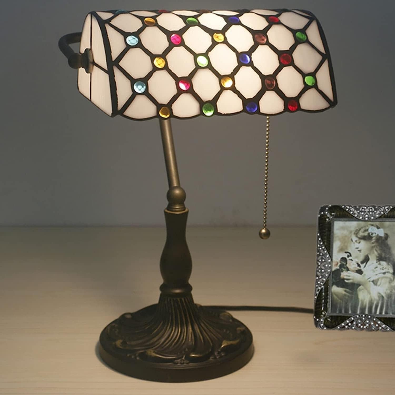 Bankier's Tischlampe, farbige Glaslampe, Kristallperlenschreibtischlampe, Schlafzimmer in der Nacht Leselampe (weißer farbenfroher Glasschatten) Innovate