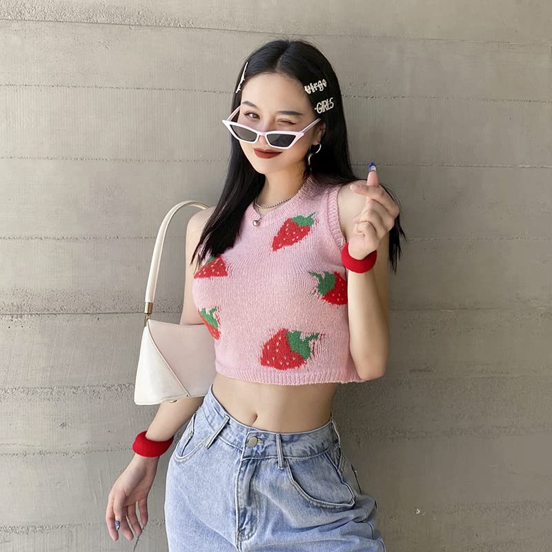 Kawaii Strawberry Knitted Sweater Vest Soft Girl Aesthetic Cute Cropped Pullover Sleeveless Tops2