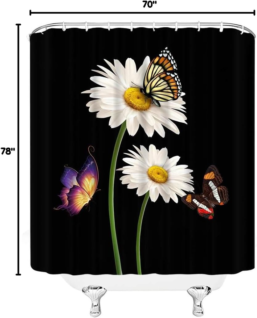 Rustic Daisy Shower Curtain Farmhouse White Daisy Flower Butterfly Black Background Farm Spring Flower Nature Botanical Retro Countryside Bathroom Decor Fabric Curtain with Hooks