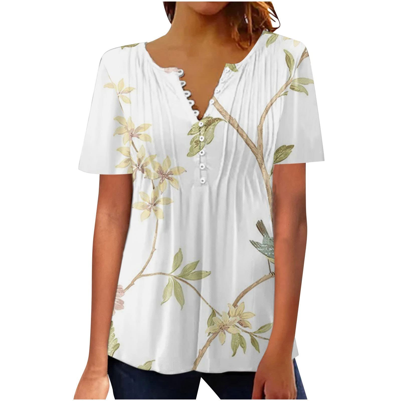 Summer T Shirt for Womens 2023 Printed Button Down V Neck Tunic Tops Fashion Lace Short Sleeve Resort Wear Blouses