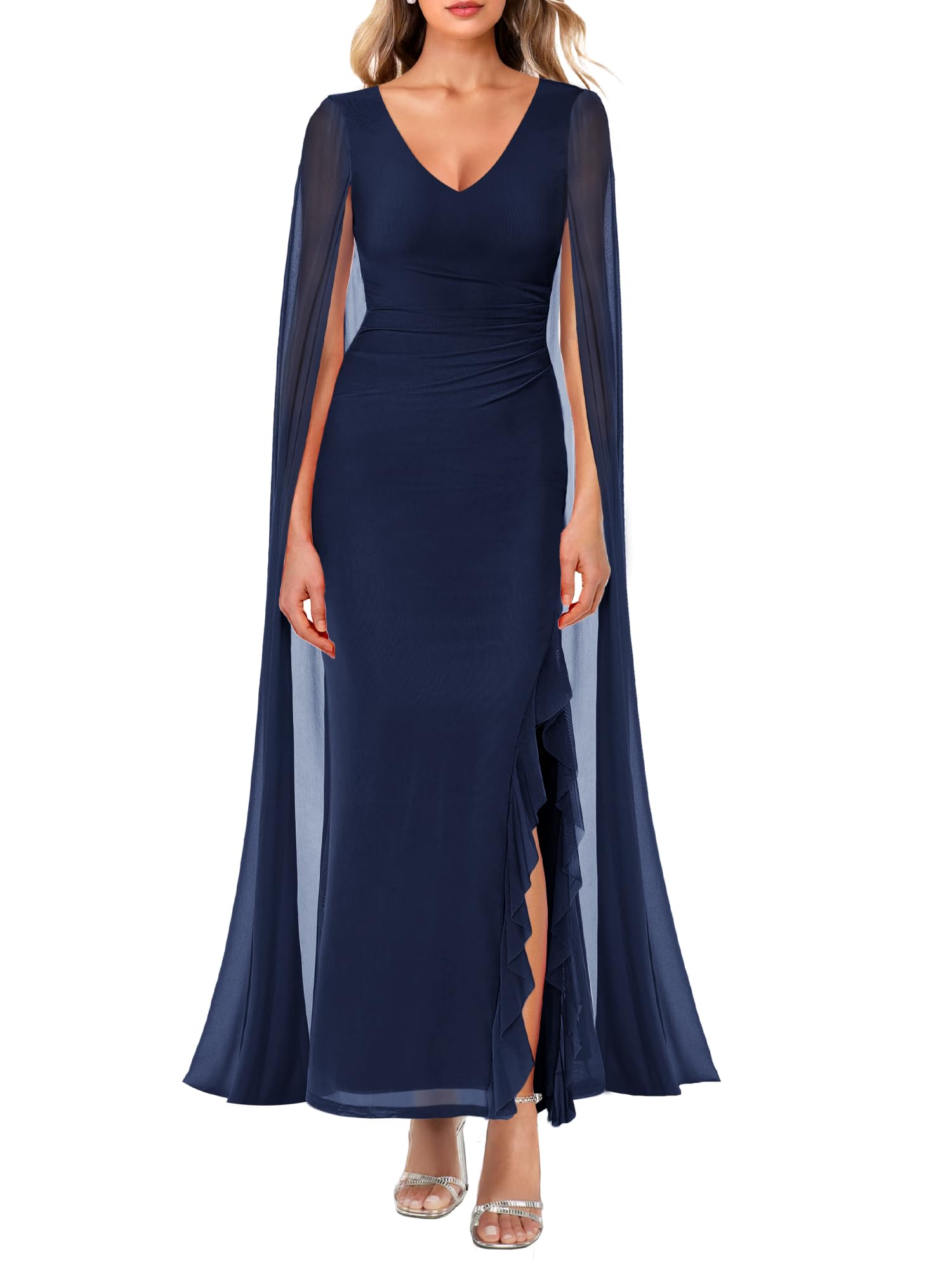 MAYFASEY Vestido formal con cuello en V para mujer, de malla, fruncido, para cóctel, fiesta de noche, graduación, vestido largo con capa