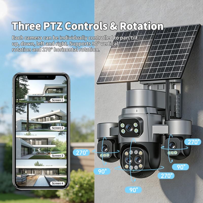 Image of 4 Lens 4 Screen AOV Solar CCTV Dual Solar (24*7 Continuous Recording)3 PTZ| 4+4+4+4MP With 18X Zoom| 4G SIM Security Camera Outdoor Use | 2-Way Talk | Night Vision | Waterproof| Surveillance|