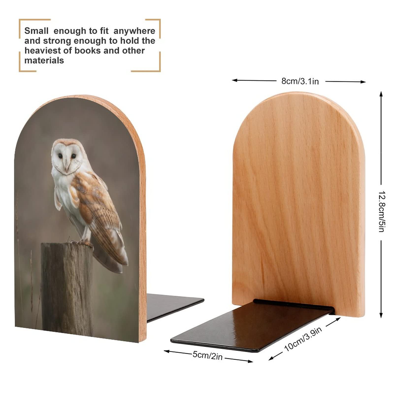 Barn Owl Perches on A Fence Small Wood Bookends Support Non-Slip Heavy Duty Shelves Book Stand for Office Home Kitchen Library