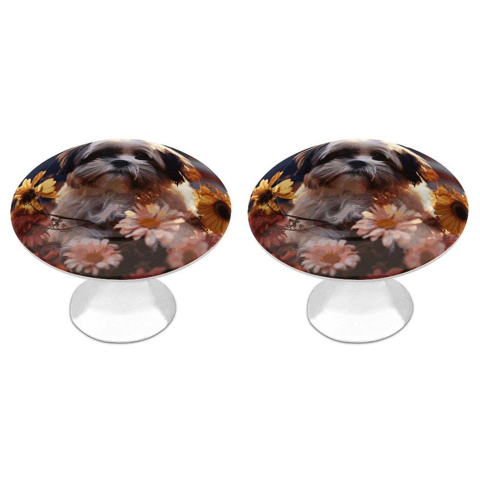 FekiLoot Shih Tzu Dog and Flowers Cabinet Knobs 2 Pack Stainless Steel Round Dresser Drawer Knobs Kitchen Drawer Hardware Dresser Knob Closet Door Pulls Cabinet Handles for Cupboard Drawer Pulls