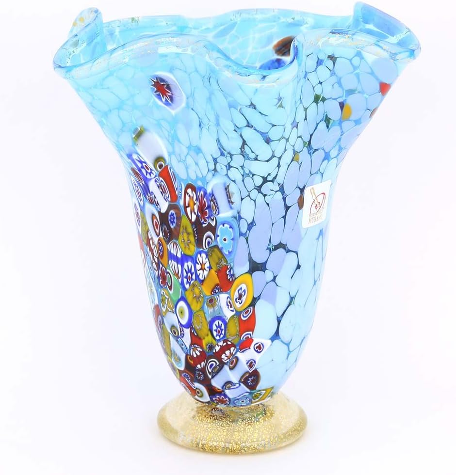 Glass Of Venice Murano Glass Millefiori Fazzoletto Vase - Aqua Blue