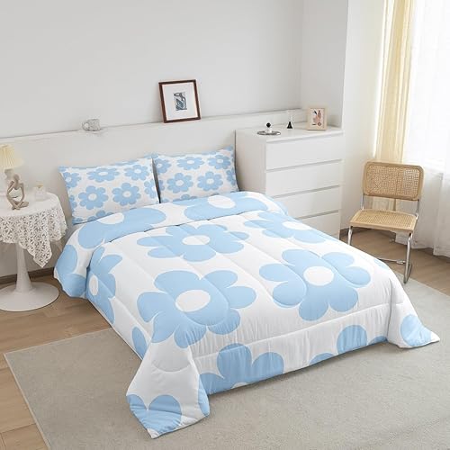 Miniatura 3 de Manfei Juego de edredón de tamaño Queen con diseño de margaritas, diseño retro de los años 70, relleno interior de microfibra ultra suave, ropa de