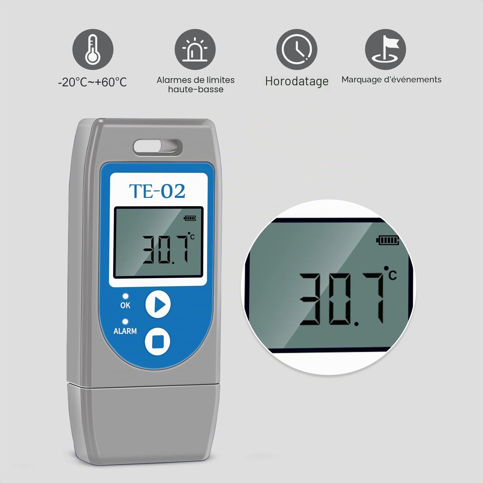 ThermElc TE-02 Enregistreur de Données de Température, avec Voyants LED, Fichier PDF&CSV Comprenant MKT, Alerte, Graphique de Température, pour l'expédition de Produits Sensibles à la Température
