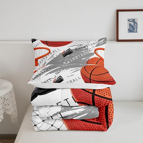 Miniatura 7 de Juego de edredón de baloncesto, tamaño matrimonial, juego de ropa de cama con estampado de baloncesto naranja, 3 piezas para niños, adolescentes,
