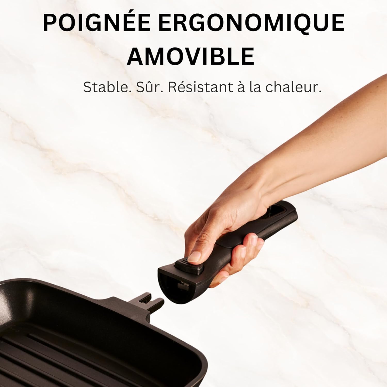 Stone&Stone Poêle Grill Induction 28 cm Carrée Antiadhésive avec Manche Amovible, Revêtement Céramique Allemand, Fond Acier Plein, Compatible Gaz et Four, Sans PFAS, PFOA et PTFE