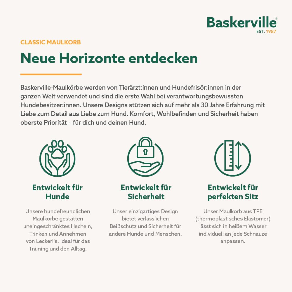 Baskerville Classic Maulkorb - Gestattet Hecheln und Trinken, verhindert Beißen und Stöbern nach Essen, passend für Hunde mit langen Nasen, Trainingsmaulkorb für mittelgroße Hunde (Größe 4)