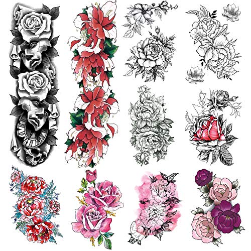 Flower Arm Sleeve Tattoos, Fake Flower Half Arm Tattoos and Full Sleeves Tattoos Sticker Makeup Props for Women Girls, 10-Sheet