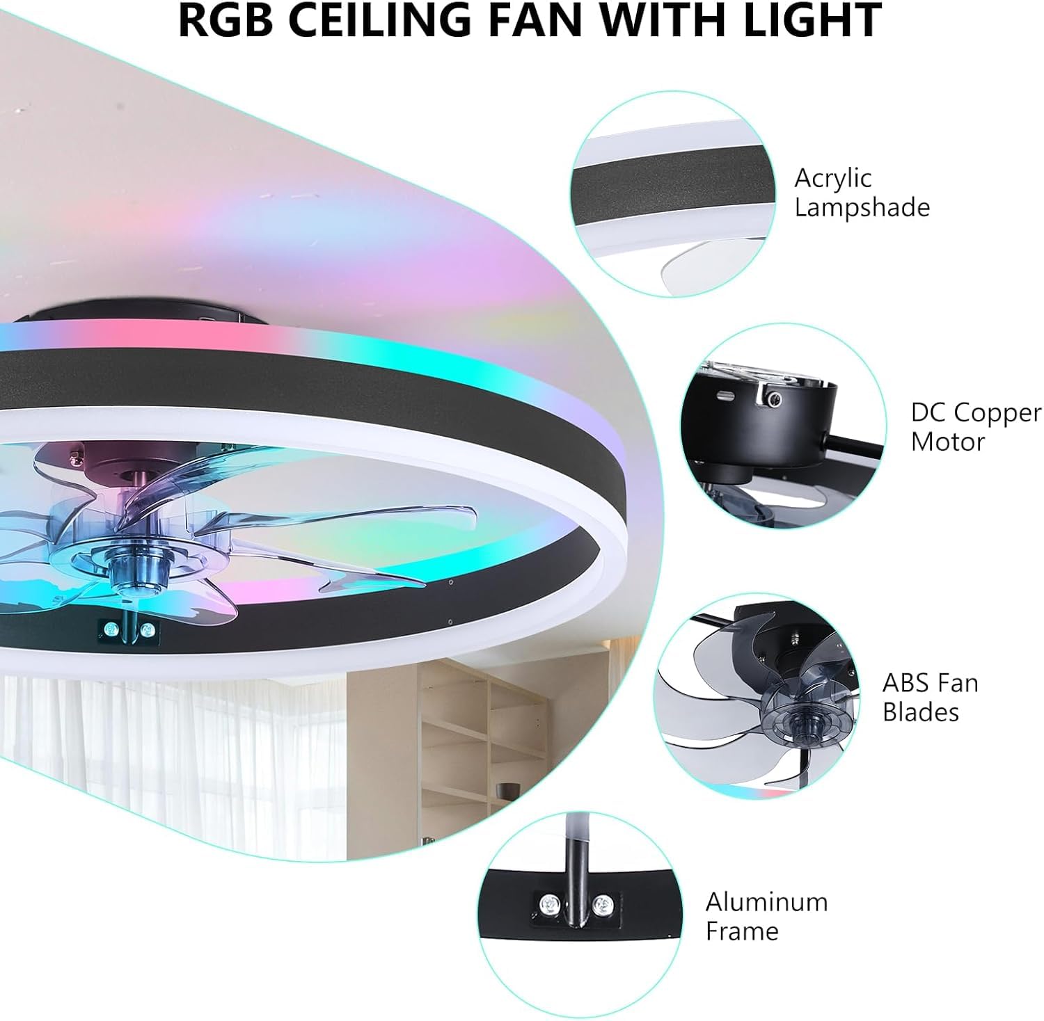 Moderne RGB Deckenventilator mit Beleuchtung φ50cm RGB LED Fan Licht mit Fernbedienung Timer 6 Geschwindigkeiten Stufenloses Dimmen Deckenventilator mit Lampe