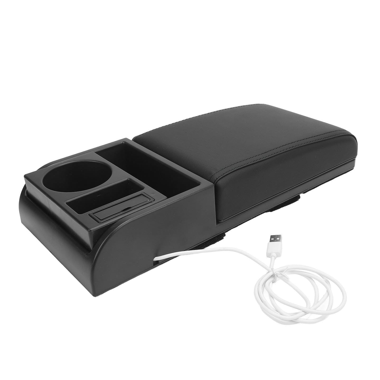Copri Bracciolo Console Centrale con Porta di Ricarica USB, Portabicchieri, Lunghezza Regolabile, Morbida Pelle PU, Imbottitura in Memory Foam per Auto SUV Camion Furgone (Nera)