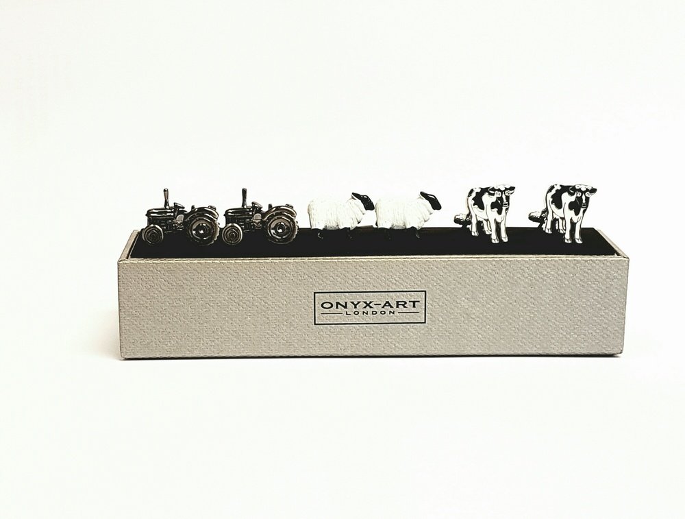 On the Farm Set 3 Cufflinks Tractor Cow Sheep in Onyx Art Cufflink Gift Box