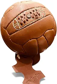 Geoffrey Mini bola de futebol vintage com 18 painéis, 100% couro bovino com base de madeira | Bronzeado | Tamanho antigo 2 | Futebol retrô costurado à mão