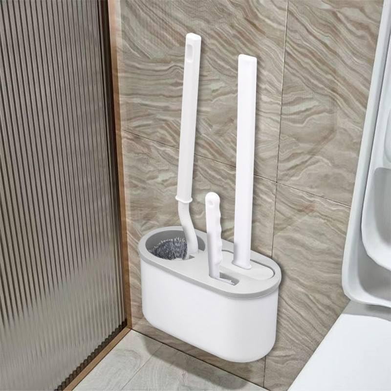 Image of Wall Mounted Bathroom Cleaning Brush Holder Set with Toilet Brush, Long Handle Floor Scrubber, Multi Purpose Cleaning Tools Organize (3 in 1 Toilet Cleaner Brush)