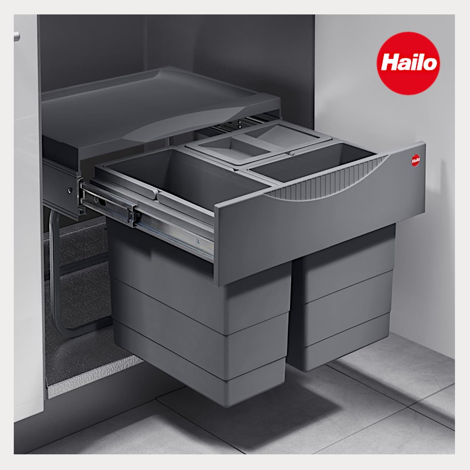 Hailo Abfallsammler 364453 | Mülleimer Raumspar-Tandem-S 3 fach | Abfalleimer Auszug mit Biodeckel | Hellgrau