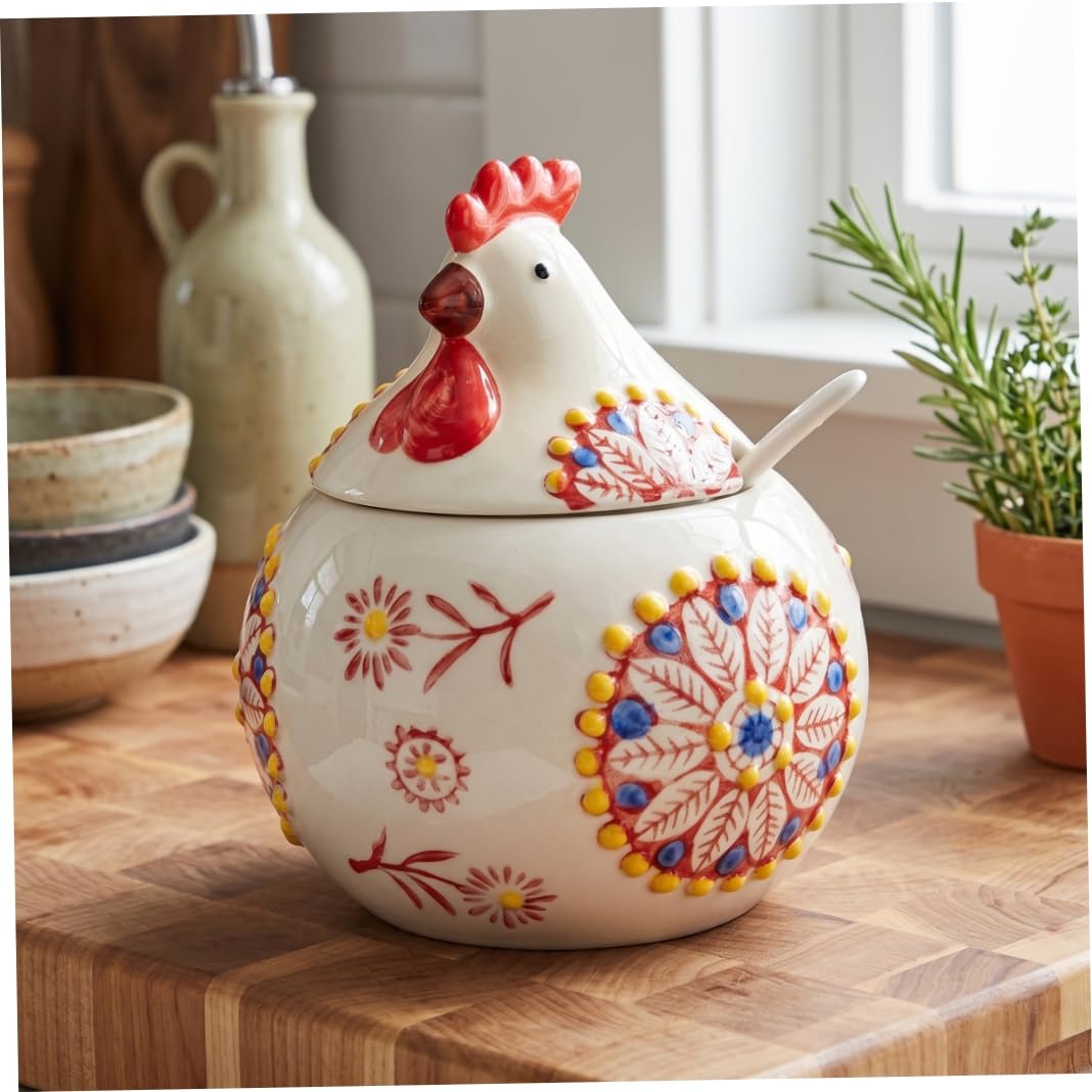 Faticenic Sugar Bowl With Lid, 400ml Ceramic Salt Cellar, Cute Chicken Spice Jar with Spoon - Red Sugar Bowl For Kitchen, Ceramic Salt Cellar With Lid, Cute Spice Jars