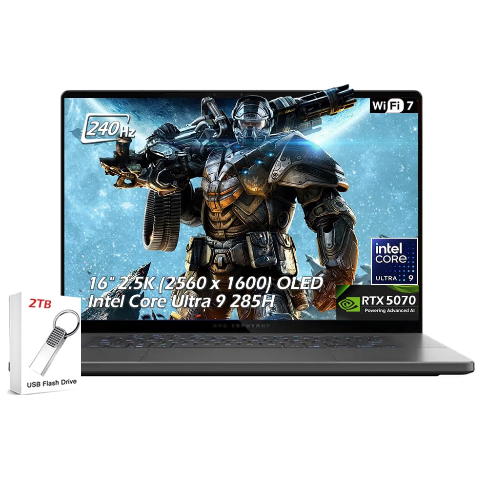 ASUS ROG Zephyrus G16 16" 2.5K OLED 240Hz Gaming Laptop, Intel Core Ultra 9 285H, RTX5070, 16GB LPDDR5X 1TB SSD, Wi-Fi7, Backlit KB, Win11, Thunderbolt4, Eclipse Gray, w/2TB USB Drive, W/GaLiMu Ultra 9 | RTX5070 | 16GB,1TB