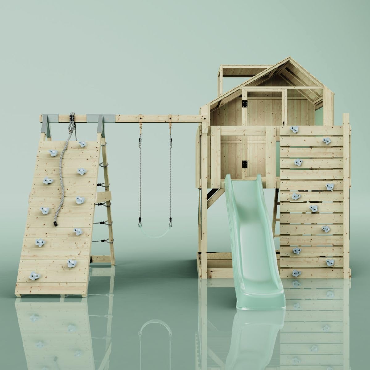 Rebo Outdoor Spielturm mit Wellenrutsche, Spielhaus aus Holz mit Kletterwand, Kletternetz,Mintgrün