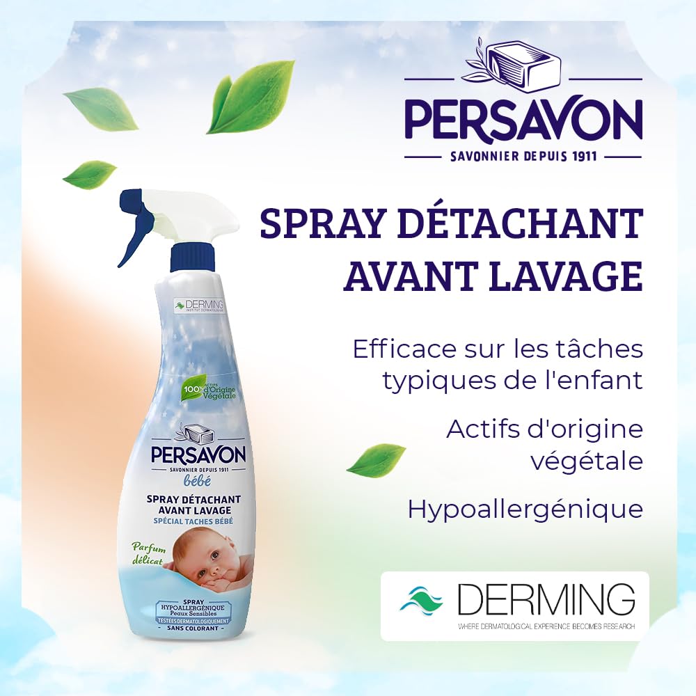 Persavon - Bébé Spray Détachant Avant Lavage, Parfum Délicat, Hypoallergénique, Peaux Sensibles, Sans Colorant - 500 ml