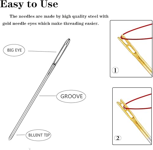 Miniatura 5 de Fbshicung 24 agujas autoroscadas de doble agujero, 6 agujas de costura grandes para ojos, agujas de coser con 2 fundas de aguja de madera, estuche
